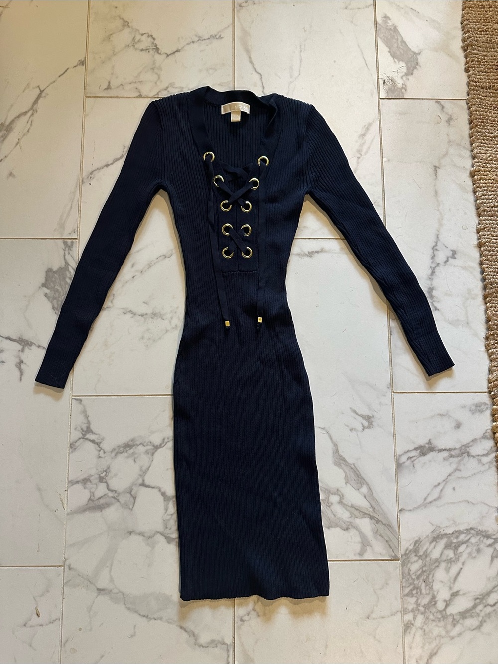 MICHAEL Michael Kors Navy Ribbed Lace-Up Long Sleeve Dress